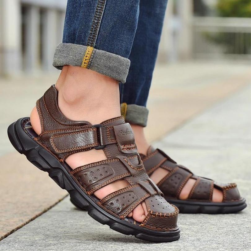 Sandália de Couro Masculina Anti Stress com Velcro - Frete Grátis - TechnoLoja