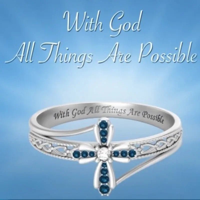 Anel Cristão com Pedras Encravadas de Zircônia - "With God All Things Are Possible"/ Com Deus Tudo É Possível Em Inglês - TechnoLoja