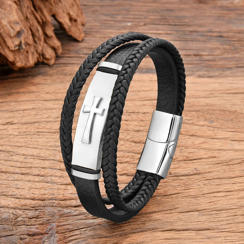 Bracelete Masculino Cristão de Couro com Fecho Magnético - TechnoLoja