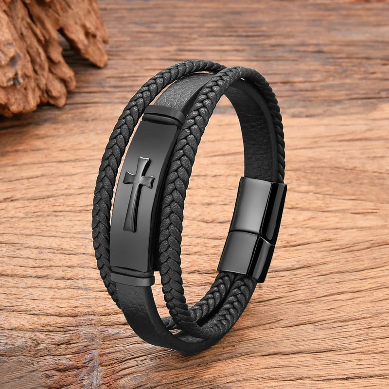 Bracelete Masculino Cristão de Couro com Fecho Magnético - TechnoLoja