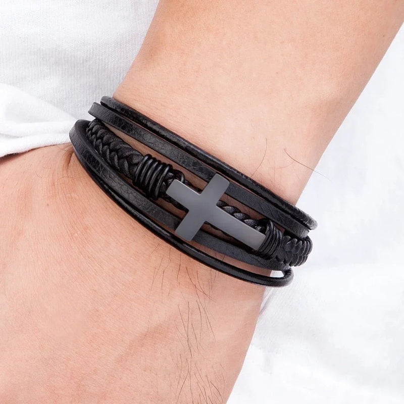 Bracelete Masculino Cristão de Couro Trançado Multi - Camadas com Fecho Magnético - TechnoLoja