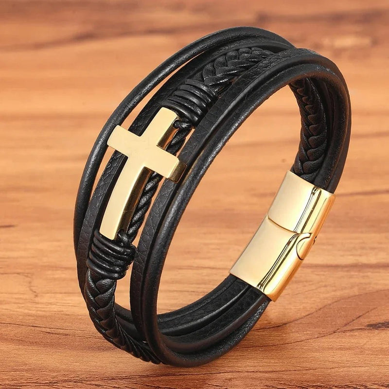 Bracelete Masculino Cristão de Couro Trançado Multi - Camadas com Fecho Magnético - TechnoLoja