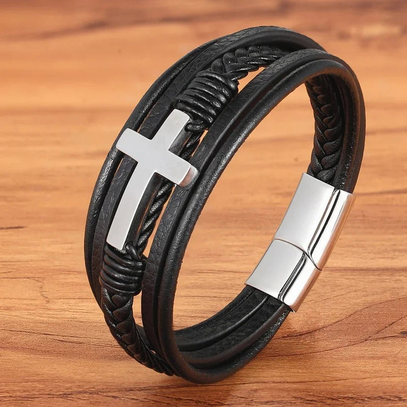 Bracelete Masculino Cristão de Couro Trançado Multi - Camadas com Fecho Magnético - TechnoLoja