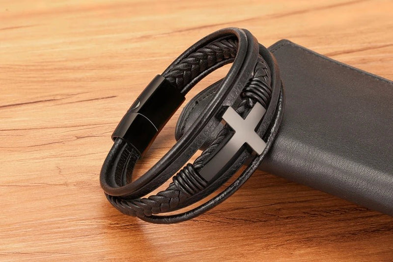 Bracelete Masculino Cristão de Couro Trançado Multi - Camadas com Fecho Magnético - TechnoLoja