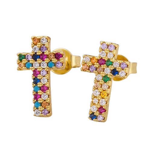Brinco Cristão em Formato de Cruz com Pedrinhas Brilhantes Coloridas - TechnoLoja