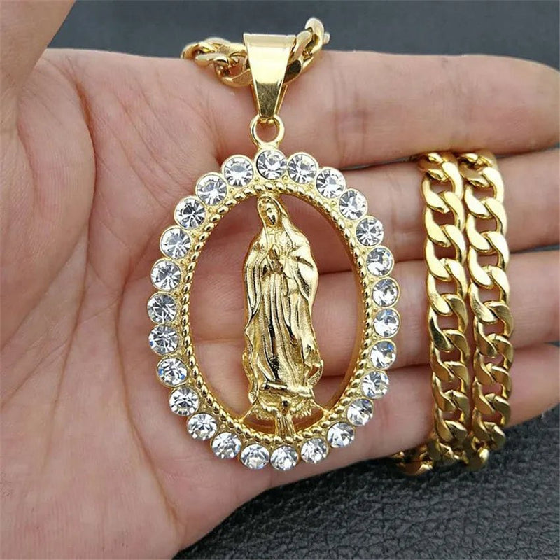 Colar com Pingente em Aço Inoxidável Dourado - Virgem Maria - TechnoLoja