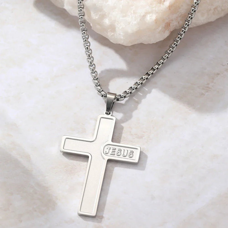 Colar Feminino Religioso em Aço inoxidável com Pingente Cruz com Nome Jesus - TechnoLoja