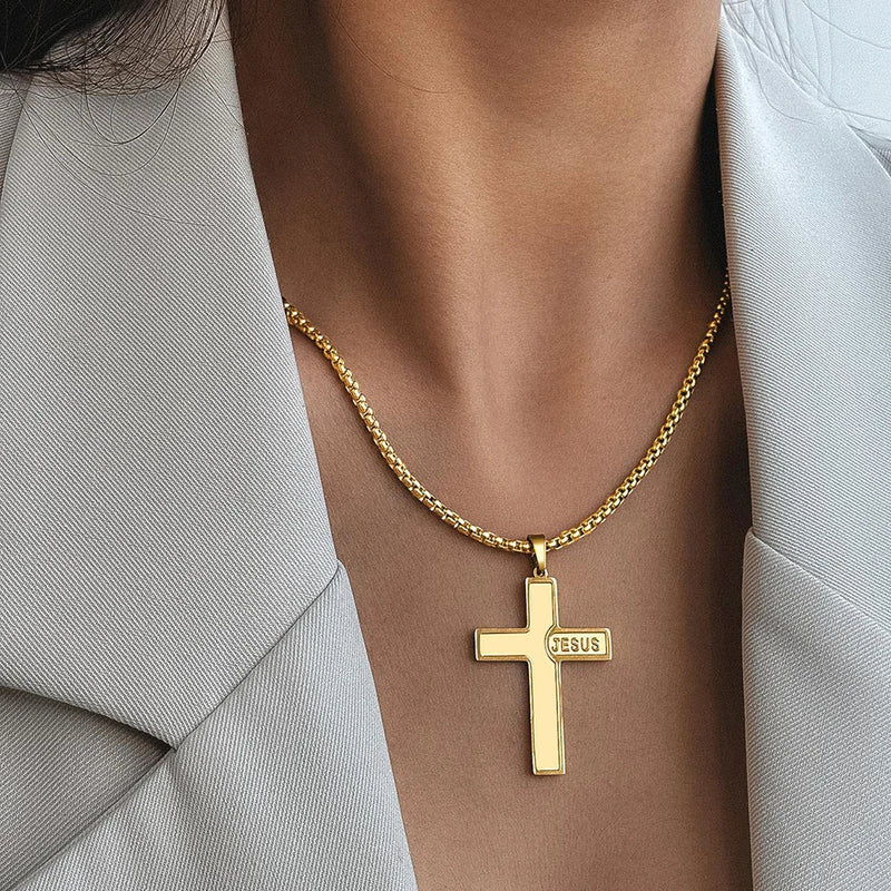 Colar Feminino Religioso em Aço inoxidável com Pingente Cruz com Nome Jesus - TechnoLoja