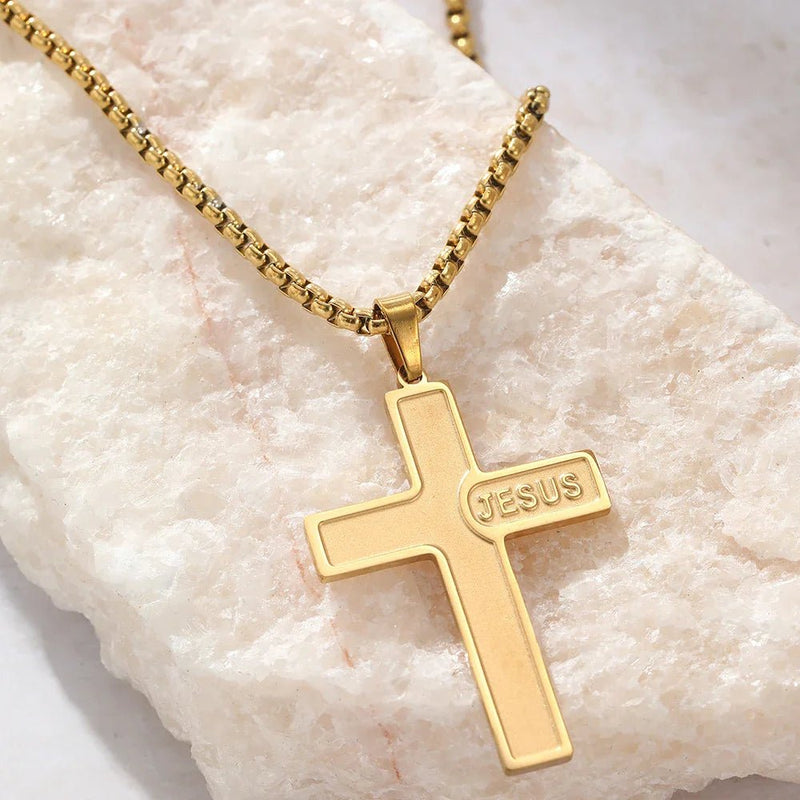 Colar Feminino Religioso em Aço inoxidável com Pingente Cruz com Nome Jesus - TechnoLoja