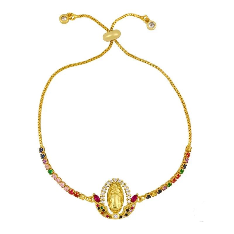 Pulseira Banhada a Ouro com Pedrinhas Coloridas - Nossa Senhora - TechnoLoja