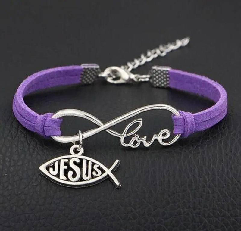 Pulseira de Couro Feminina com Símbolo do Infinito escrito Love e Pingente de Peixe Jesus - TechnoLoja