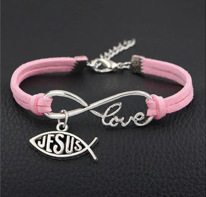 Pulseira de Couro Feminina com Símbolo do Infinito escrito Love e Pingente de Peixe Jesus - TechnoLoja