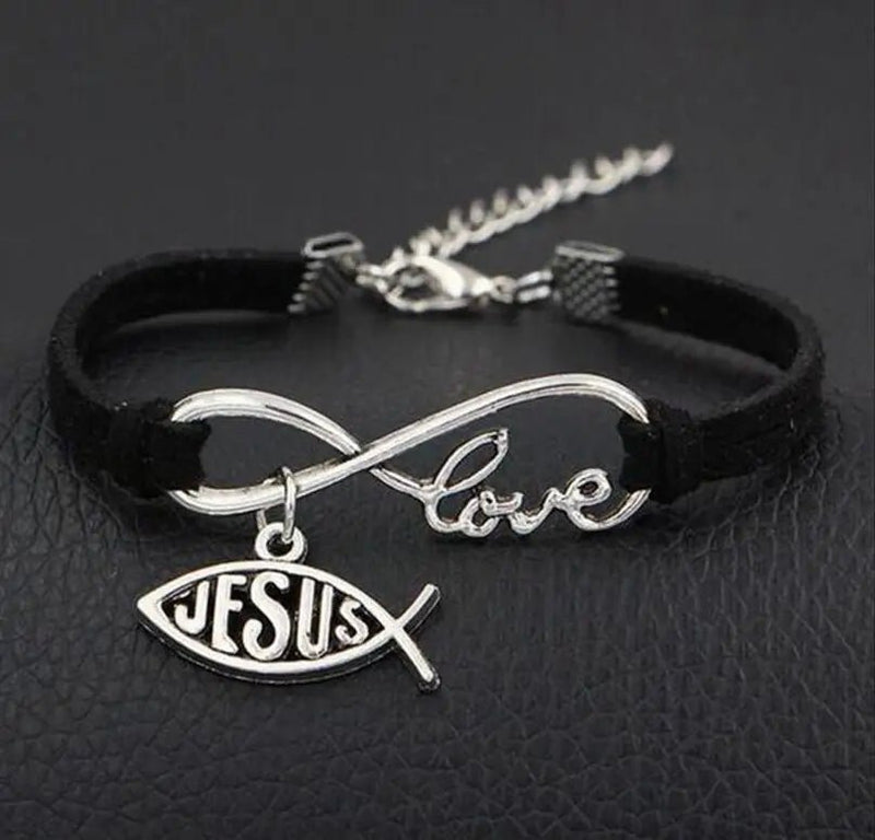 Pulseira de Couro Feminina com Símbolo do Infinito escrito Love e Pingente de Peixe Jesus - TechnoLoja