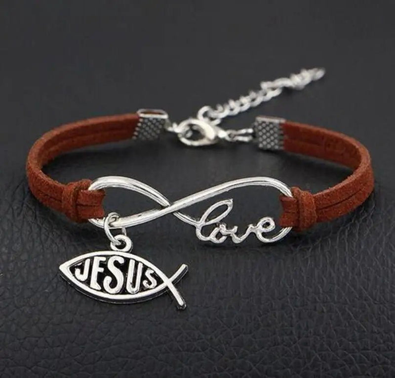 Pulseira de Couro Feminina com Símbolo do Infinito escrito Love e Pingente de Peixe Jesus - TechnoLoja