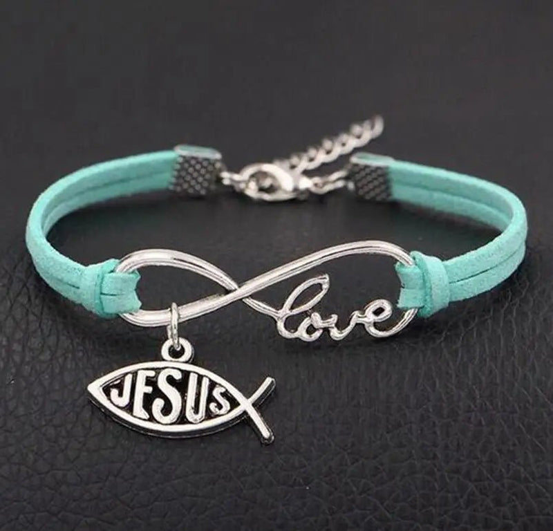 Pulseira de Couro Feminina com Símbolo do Infinito escrito Love e Pingente de Peixe Jesus - TechnoLoja