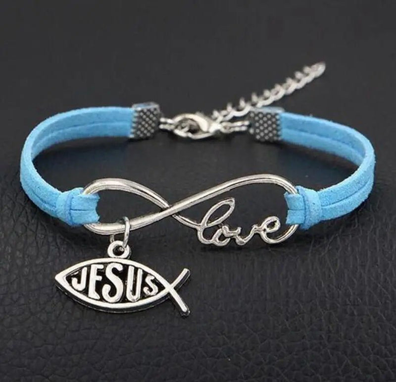 Pulseira de Couro Feminina com Símbolo do Infinito escrito Love e Pingente de Peixe Jesus - TechnoLoja