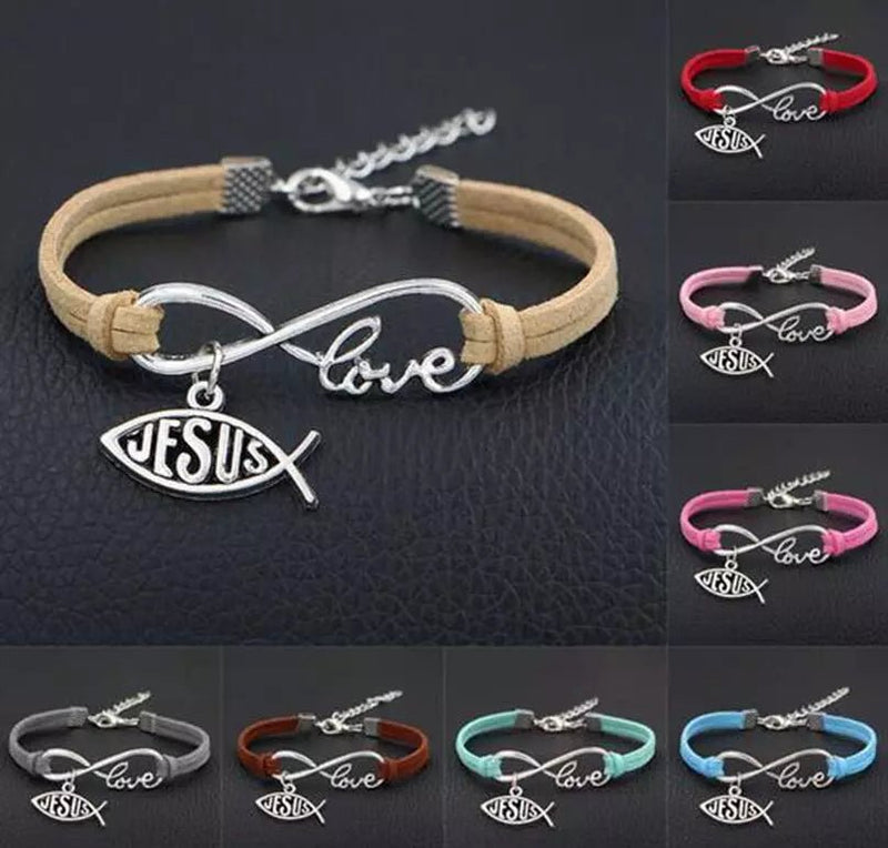 Pulseira de Couro Feminina com Símbolo do Infinito escrito Love e Pingente de Peixe Jesus - TechnoLoja