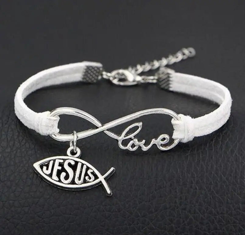 Pulseira de Couro Feminina com Símbolo do Infinito escrito Love e Pingente de Peixe Jesus - TechnoLoja