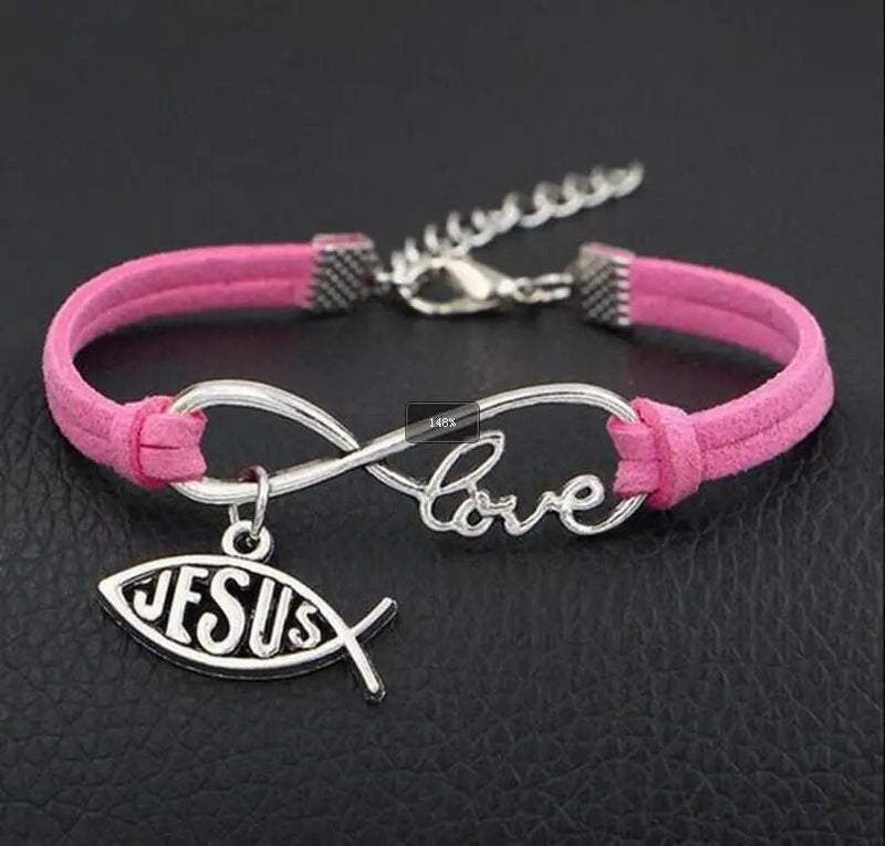 Pulseira de Couro Feminina com Símbolo do Infinito escrito Love e Pingente de Peixe Jesus - TechnoLoja