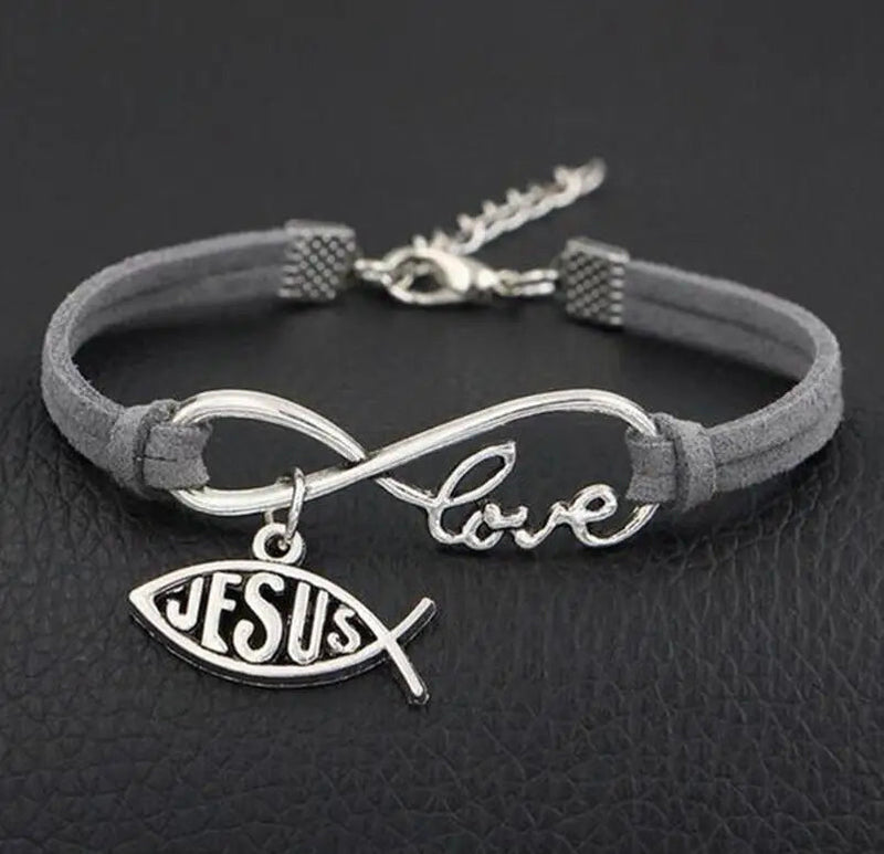 Pulseira de Couro Feminina com Símbolo do Infinito escrito Love e Pingente de Peixe Jesus - TechnoLoja