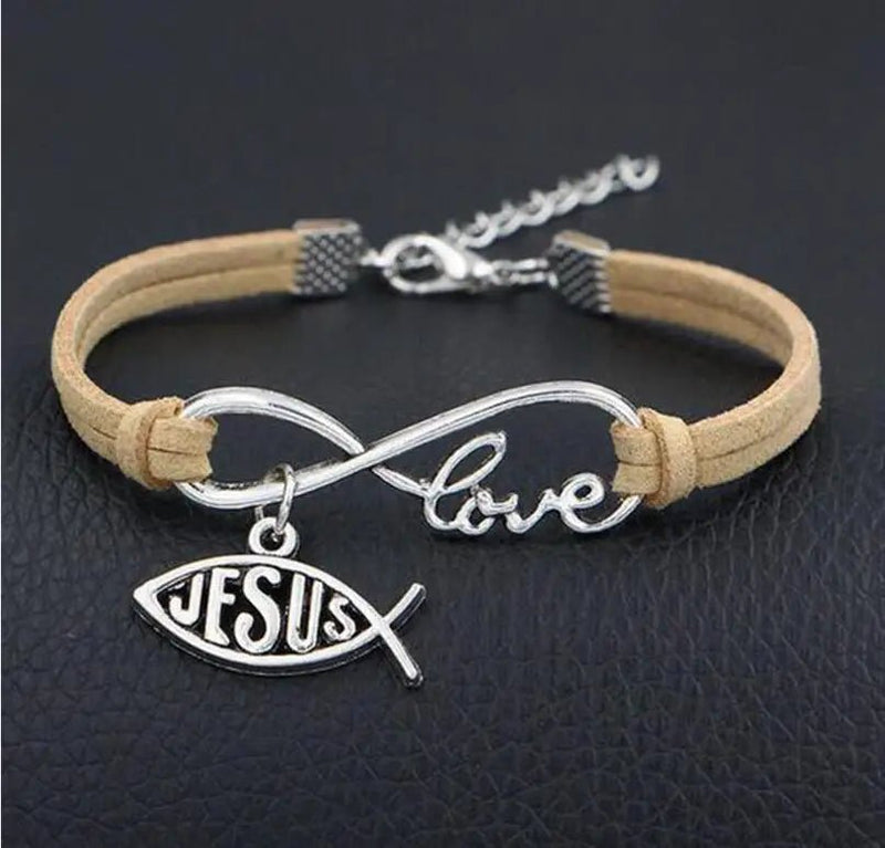 Pulseira de Couro Feminina com Símbolo do Infinito escrito Love e Pingente de Peixe Jesus - TechnoLoja