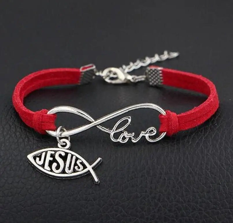 Pulseira de Couro Feminina com Símbolo do Infinito escrito Love e Pingente de Peixe Jesus - TechnoLoja