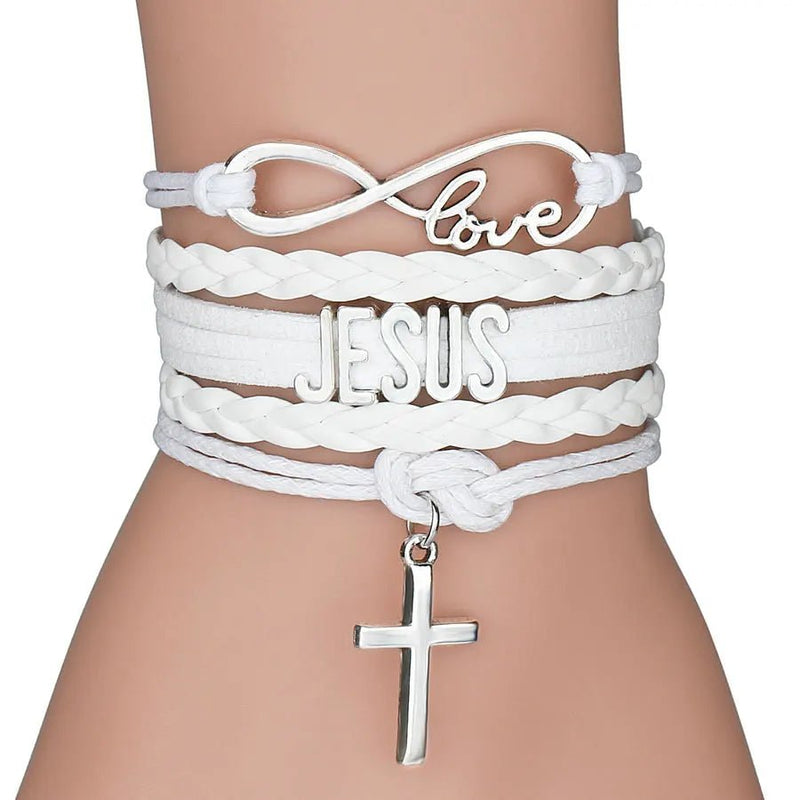 Pulseira de Couro Feminina Cristã - Infinito "Love", "Jesus" e Cruz - TechnoLoja