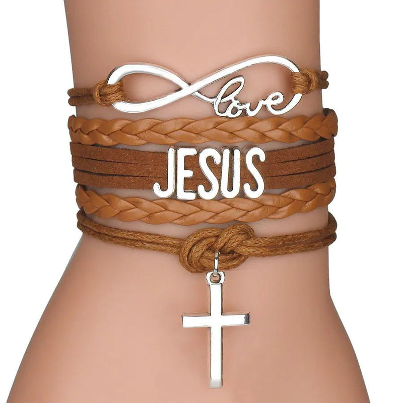 Pulseira de Couro Feminina Cristã - Infinito "Love", "Jesus" e Cruz - TechnoLoja