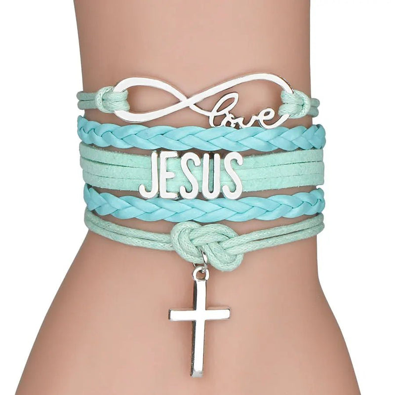 Pulseira de Couro Feminina Cristã - Infinito "Love", "Jesus" e Cruz - TechnoLoja