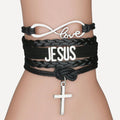 Pulseira de Couro Feminina Cristã - Infinito "Love", "Jesus" e Cruz - TechnoLoja