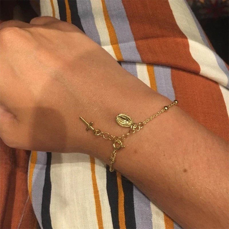 Pulseira Feminina em Aço inoxidável com Pingentes Cruz e São Bento Rosário - TechnoLoja