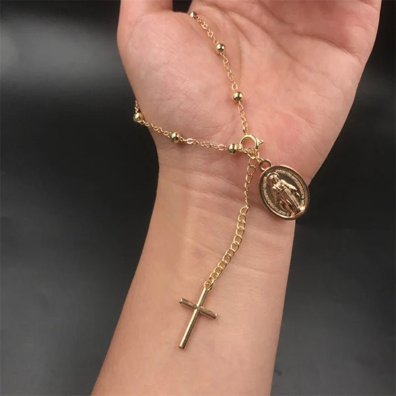 Pulseira Feminina em Aço inoxidável com Pingentes Cruz e São Bento Rosário - TechnoLoja