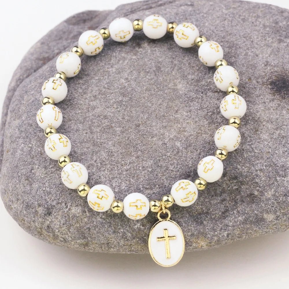 Pulseira Feminina Religiosa de Pérolas com Pingentes de Cruz - TechnoLoja
