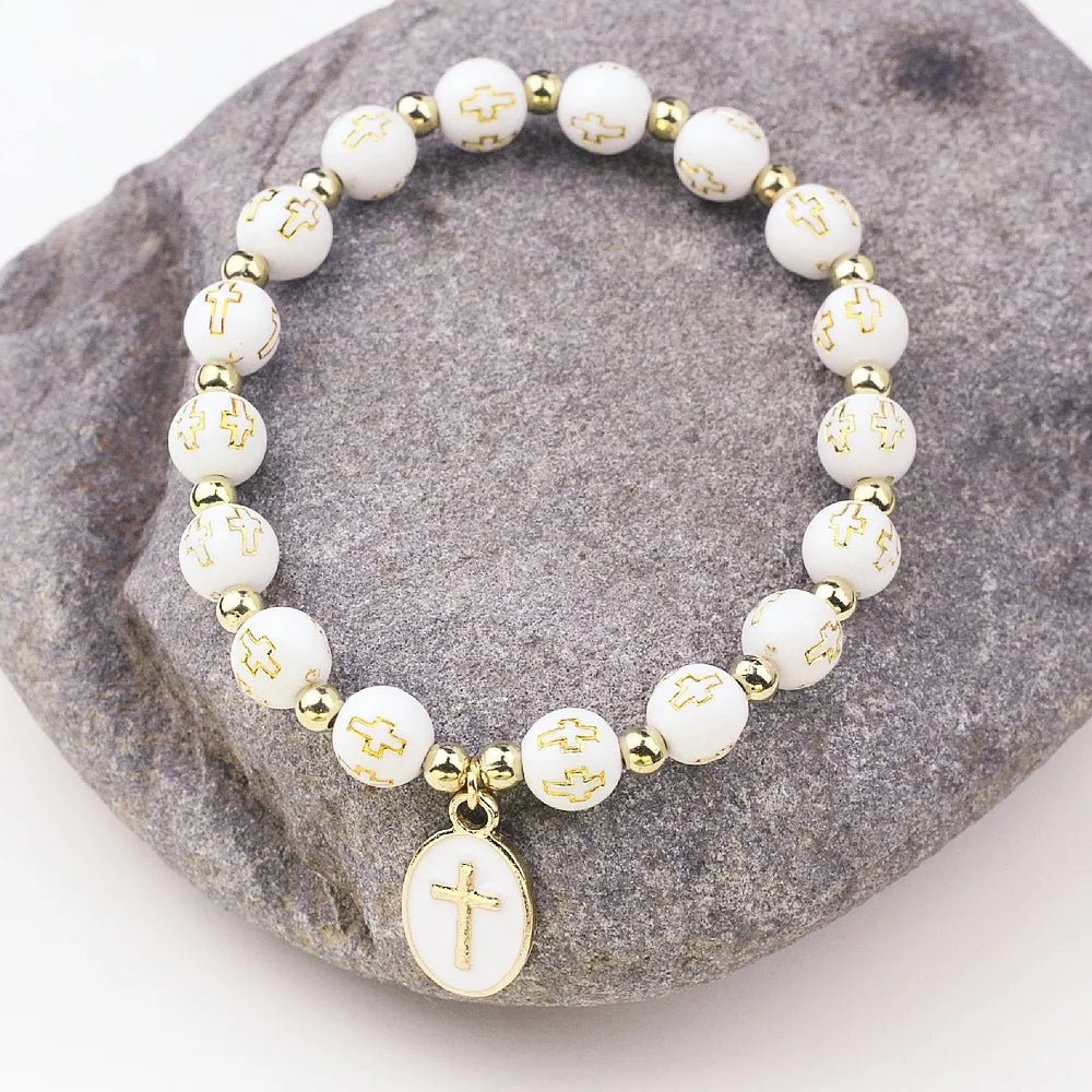 Pulseira Feminina Religiosa de Pérolas com Pingentes de Cruz - TechnoLoja