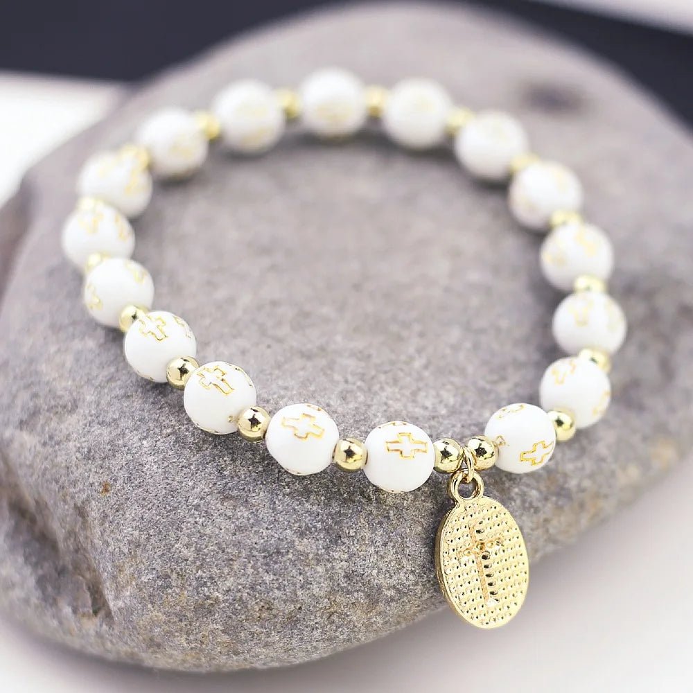 Pulseira Feminina Religiosa de Pérolas com Pingentes de Cruz - TechnoLoja