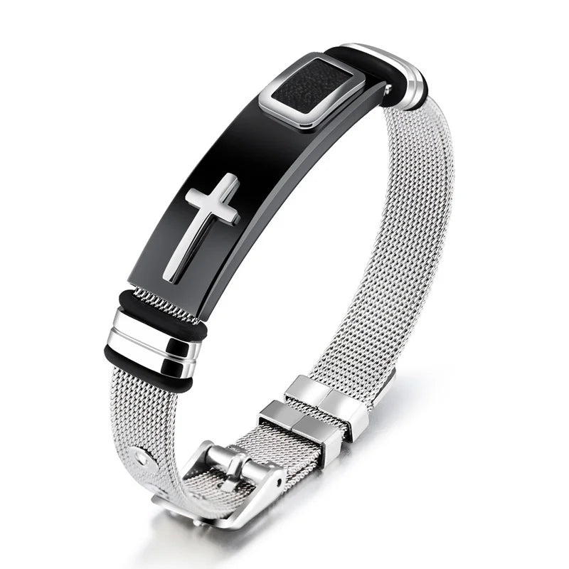 Pulseira Masculina em Aço inoxidável com Cruz Gravada - TechnoLoja