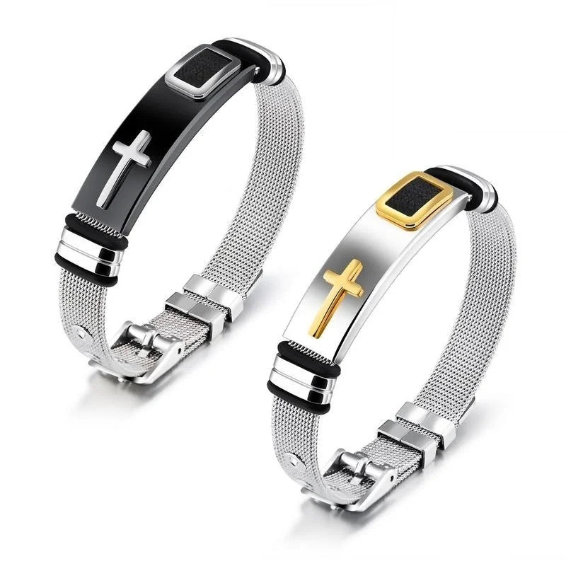 Pulseira Masculina em Aço inoxidável com Cruz Gravada - TechnoLoja