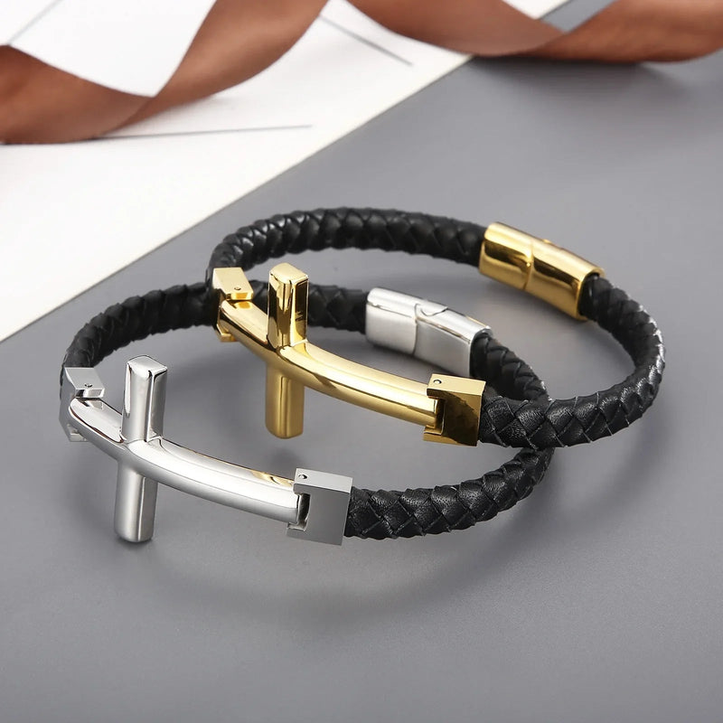 Pulseira Masculina em Couro em aço inoxidável com Cruz - TechnoLoja