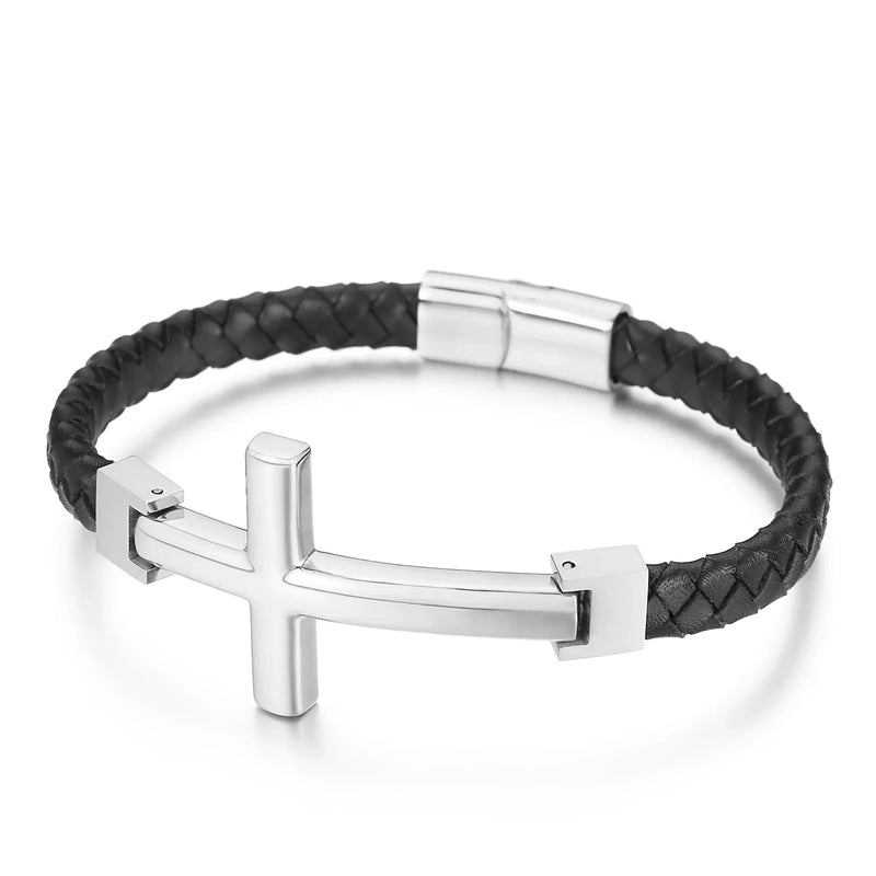 Pulseira Masculina em Couro em aço inoxidável com Cruz - TechnoLoja