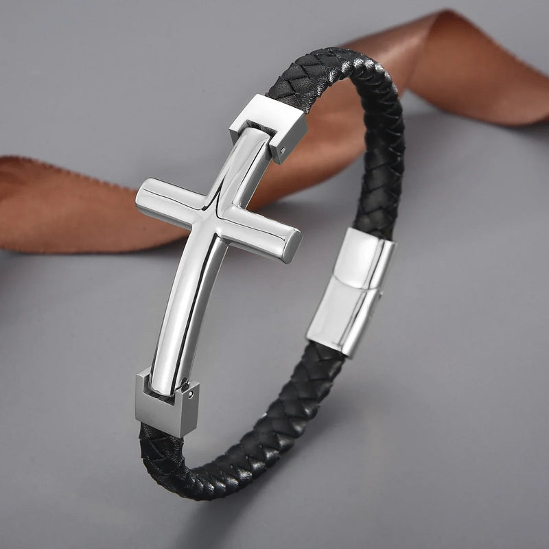 Pulseira Masculina em Couro em aço inoxidável com Cruz - TechnoLoja