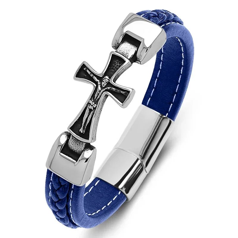 Pulseira Masculina em Couro em Aço inoxidável com Pingentes Cruz - TechnoLoja