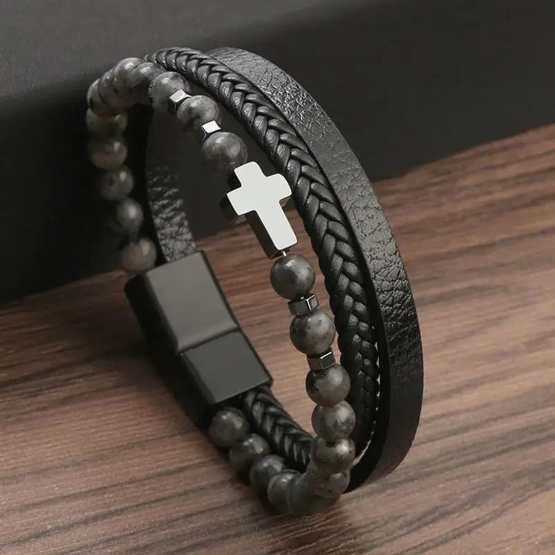 Pulseira Masculina em Couro em Formato em Cruz - TechnoLoja