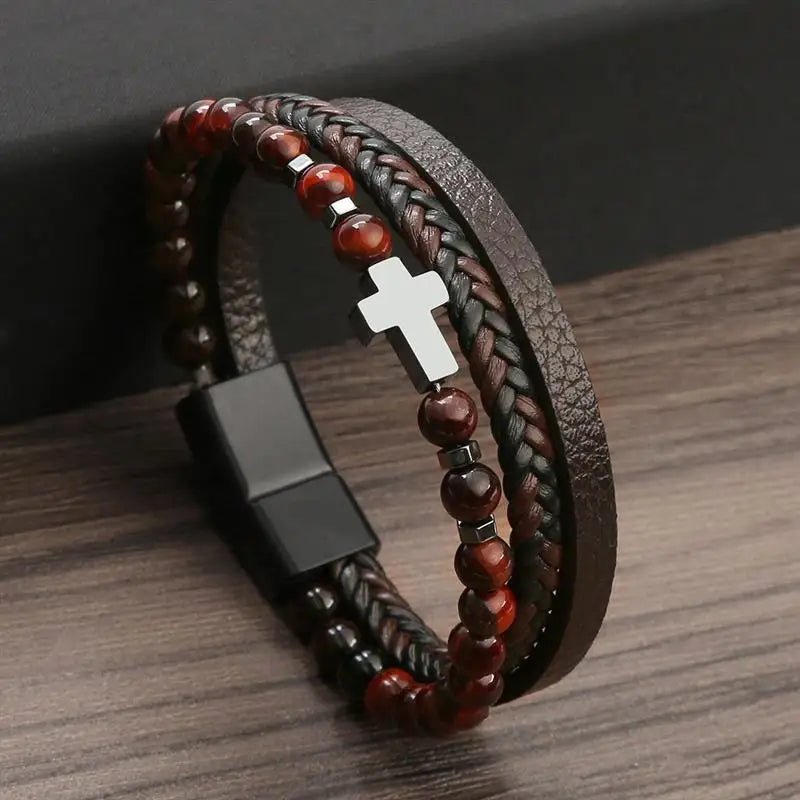 Pulseira Masculina em Couro em Formato em Cruz - TechnoLoja