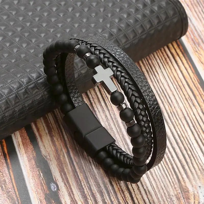 Pulseira Masculina em Couro em Formato em Cruz - TechnoLoja