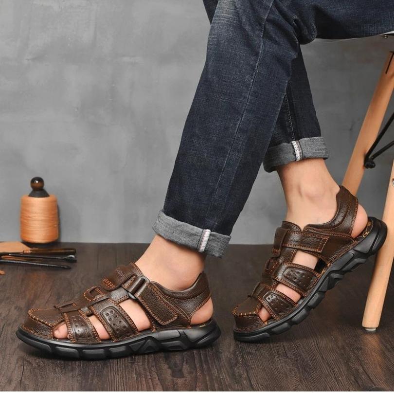 Sandália de Couro Masculina Anti Stress com Velcro - Frete Grátis - TechnoLoja